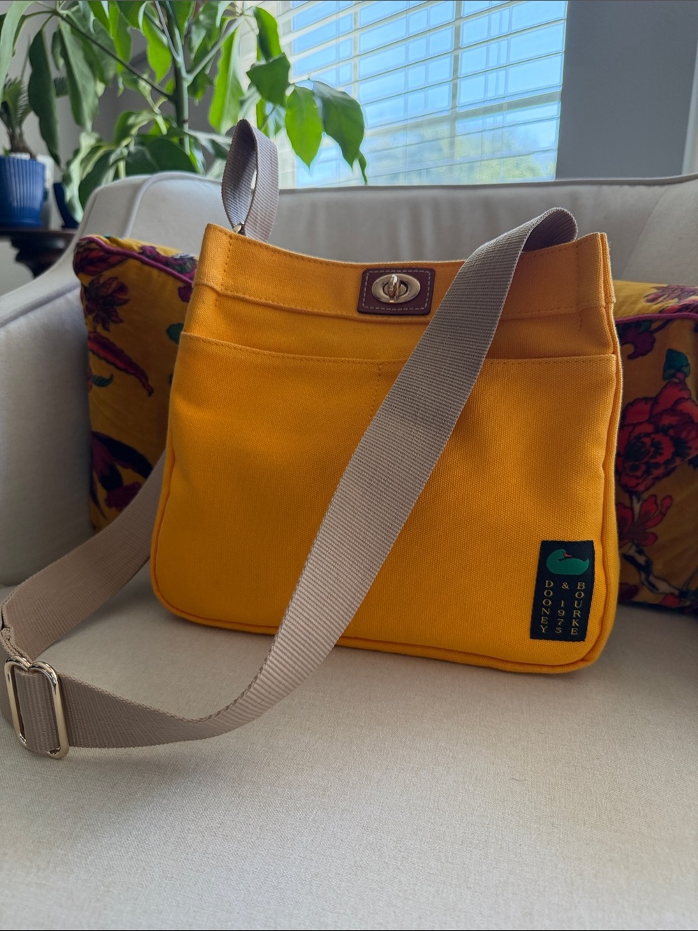 Dooney & Bourke Yellow Canvas Crossbody with Beige Strap